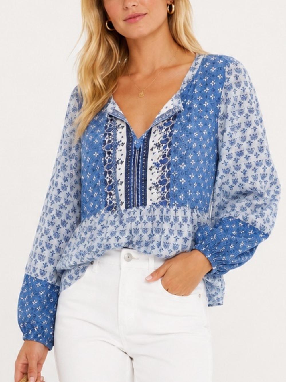 NWT Lucky Brand Blue Boho Mix Print 100% Cotton Peasant Blouse Top XL